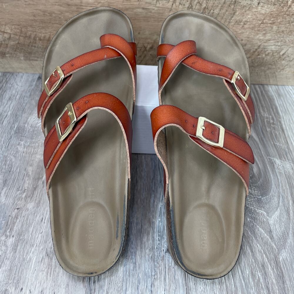 Madden Girl 8 M Leather Slides Brown Gold Buckle Criss Cross Slip on Sandals - Picture 5 of 13